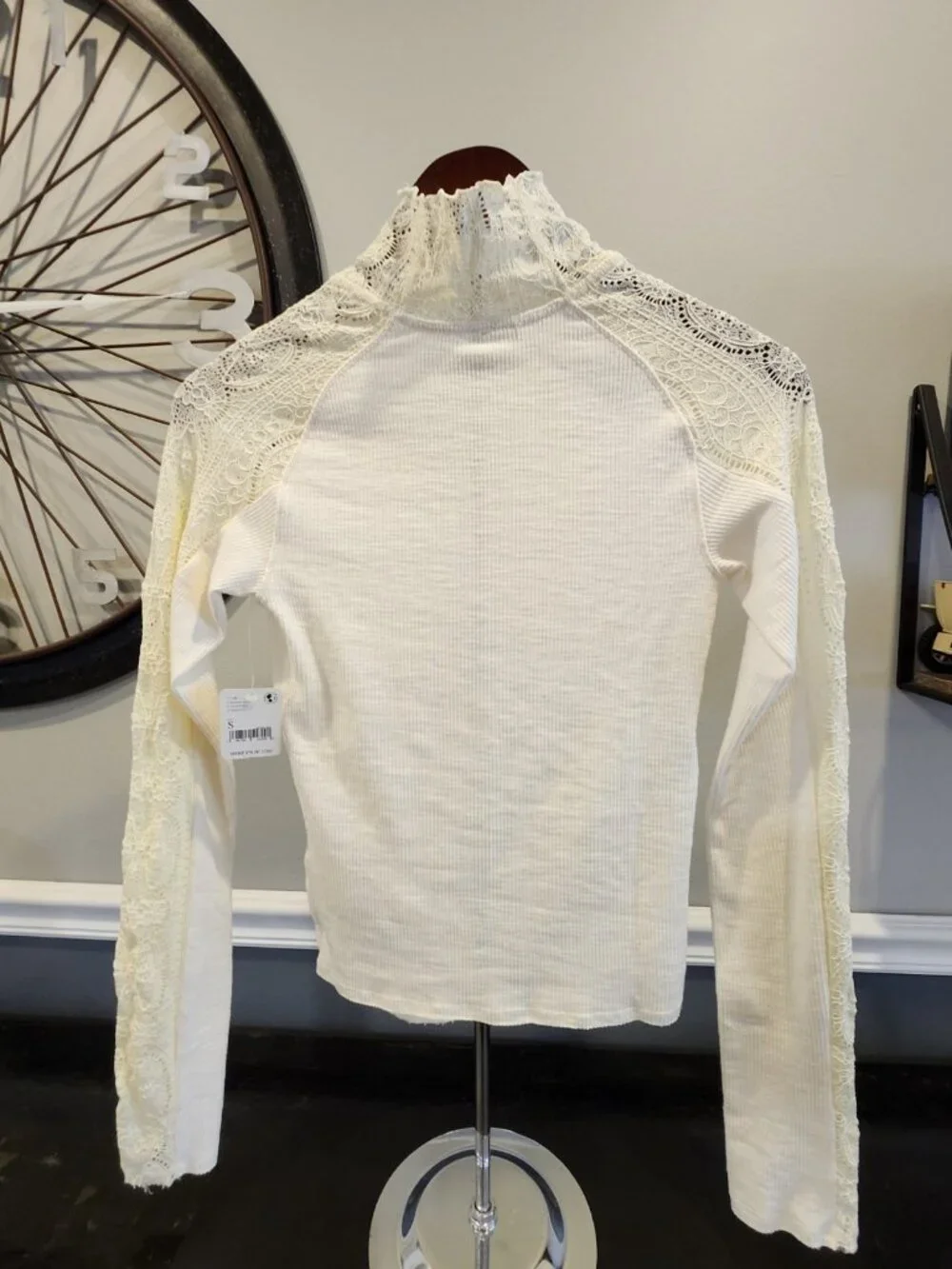 NWT~Free People~FREDDIE~Mock Neck~Long Sleeve~Shirt~Lace Panels~Painted White~SM